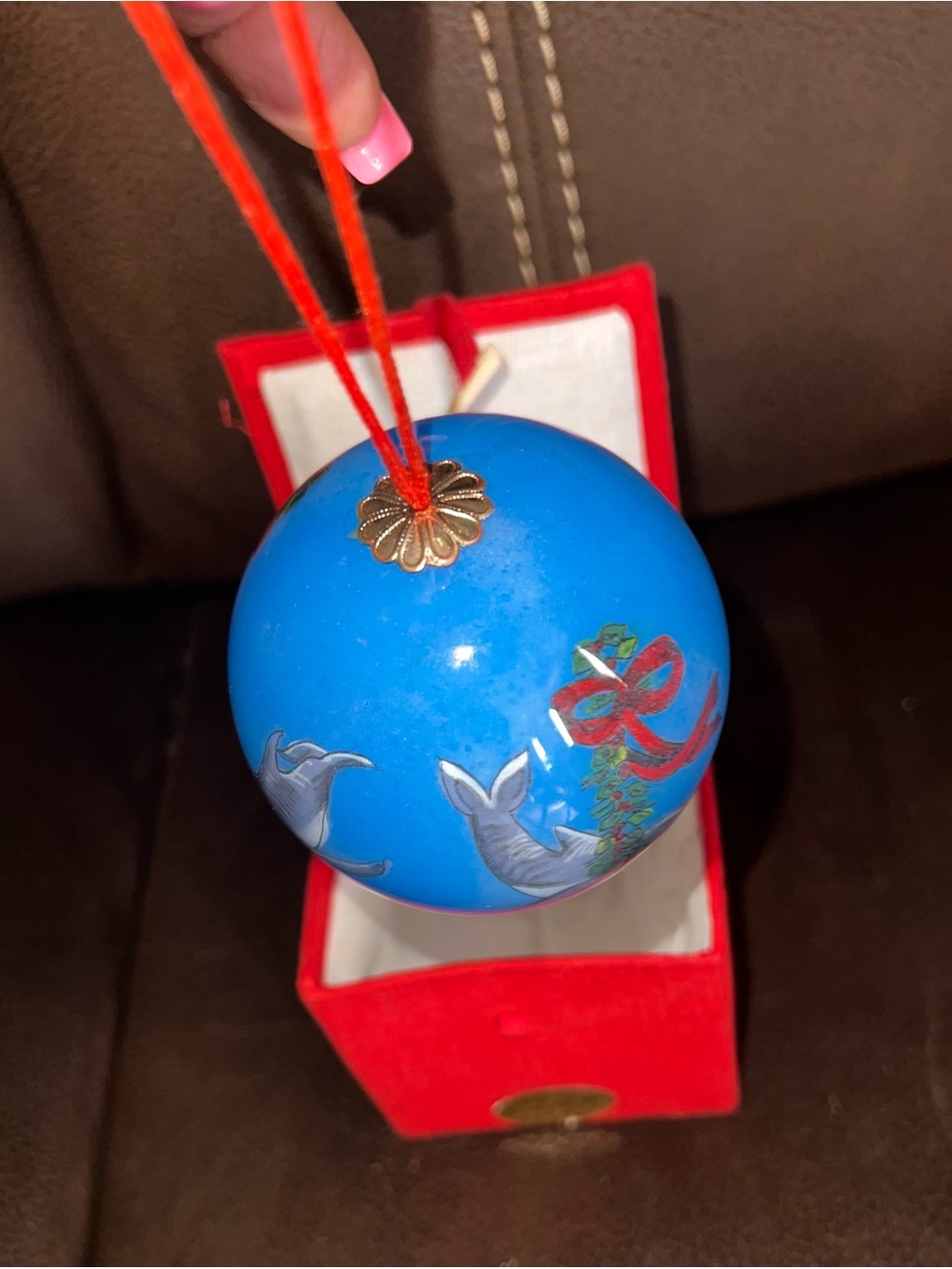 NWB Li Bien Style Reverse Hand Painted Glass Dolphin Christmas Ornament w/Box